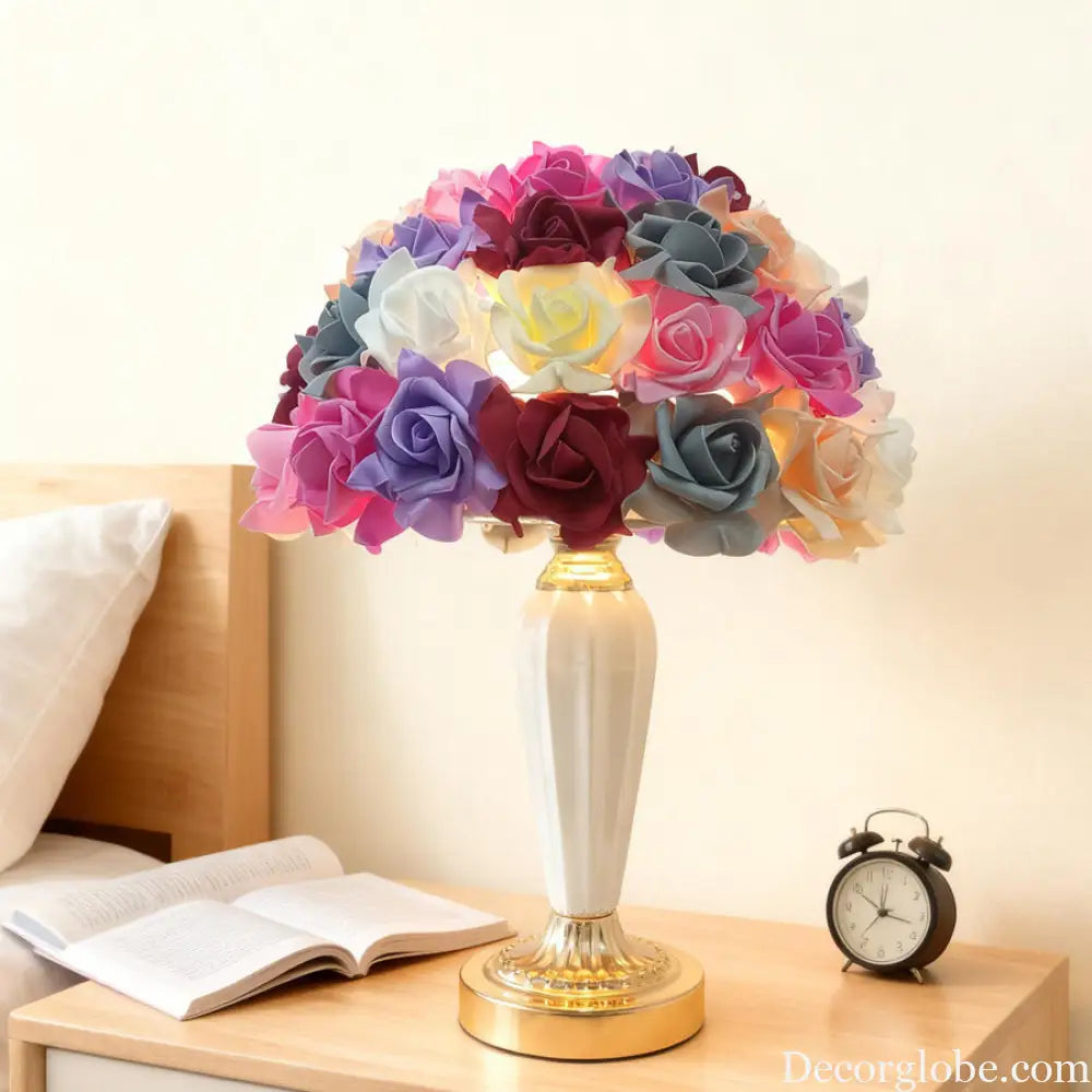 European and American Style Cross-Border Colorful Rose Flower Table Lamp White Ceramic Flower Table Lamp Wedding