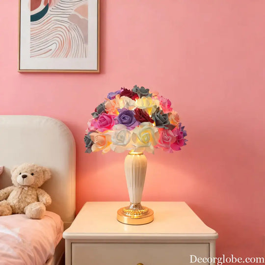 European and American Style Cross-Border Colorful Rose Flower Table Lamp White Ceramic Flower Table Lamp Wedding