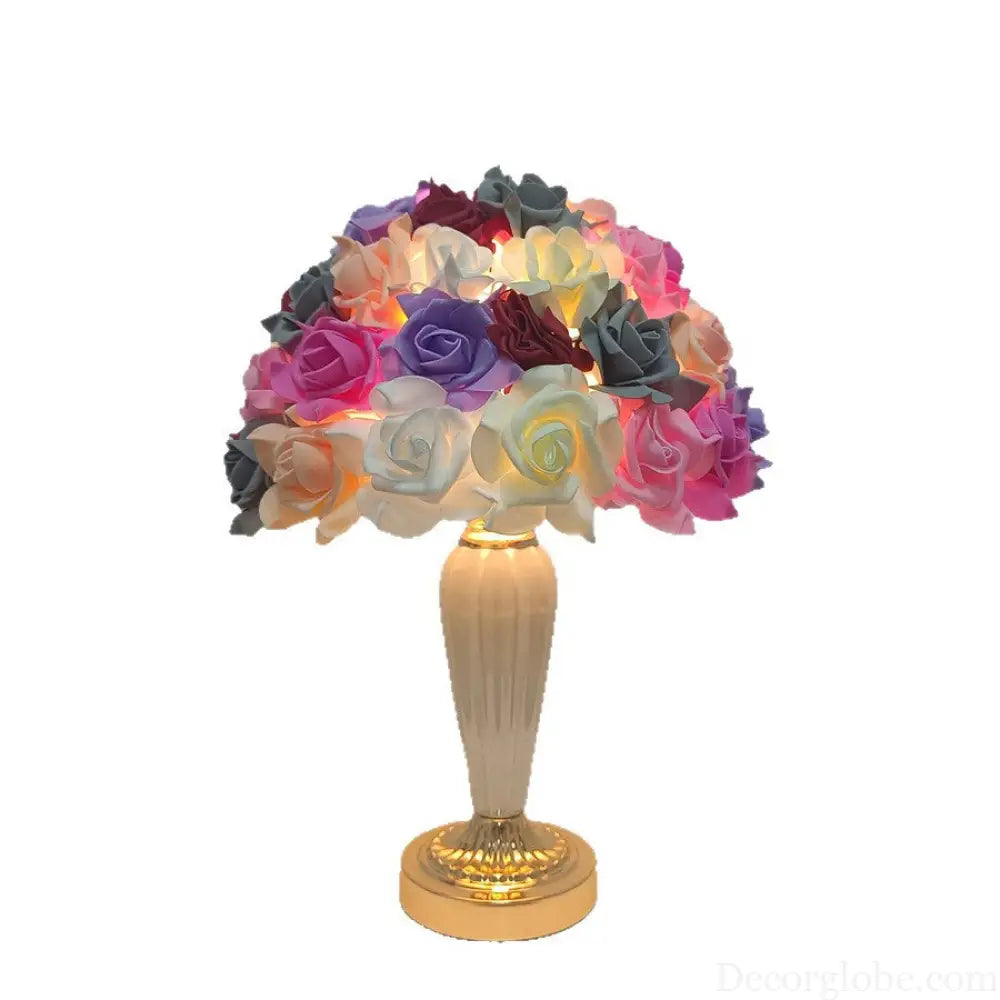 European and American Style Cross-Border Colorful Rose Flower Table Lamp White Ceramic Flower Table Lamp Wedding