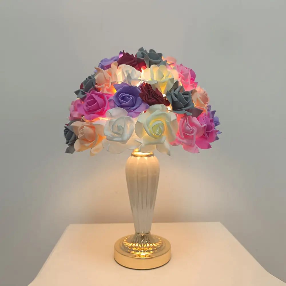 European and American Style Cross-Border Colorful Rose Flower Table Lamp White Ceramic Flower Table Lamp Wedding