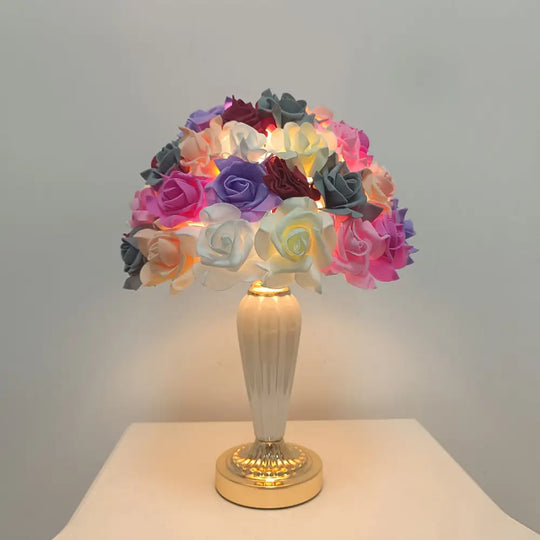 European and American Style Cross-Border Colorful Rose Flower Table Lamp White Ceramic Flower Table Lamp Wedding