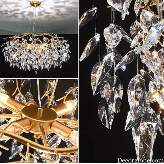 Elegant Long Gold K9 Crystal Chandelier - Ideal for Kitchen, Dining Room, Bedroom, and Living Room Ceiling Lighting, Featuring Branch-Style Chandeliers - DecorGlobe