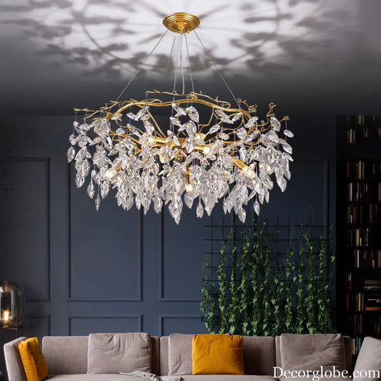Elegant Long Gold K9 Crystal Chandelier - Ideal for Kitchen, Dining Room, Bedroom, and Living Room Ceiling Lighting, Featuring Branch-Style Chandeliers - DecorGlobe
