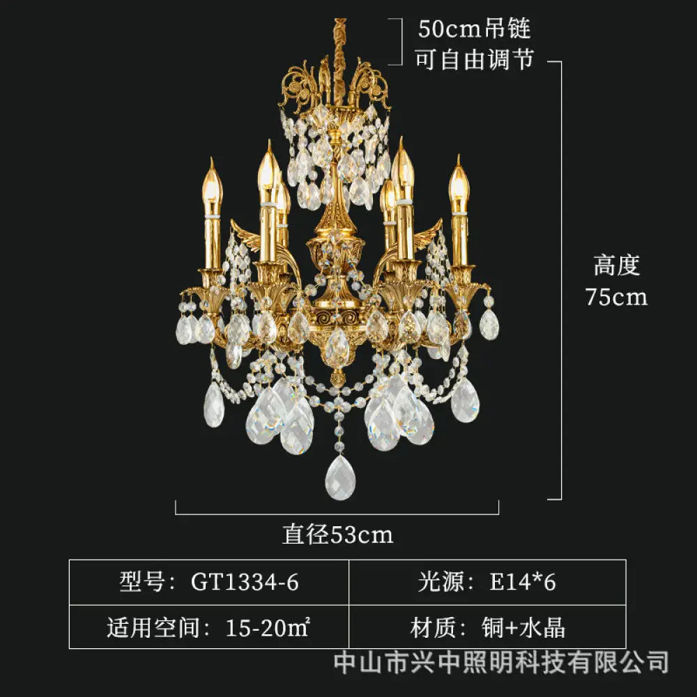 French Crystal Copper Branch Chandelier for Villa Living 6-Head Chandelier (Diameter 53cm Height 75cm)