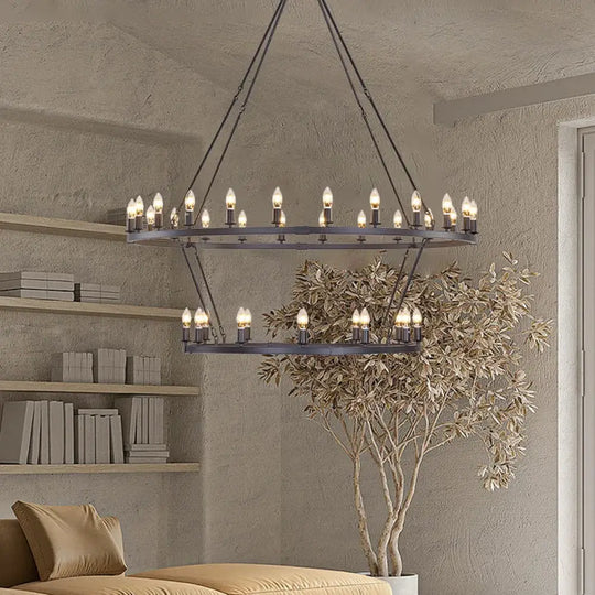 American Wagon Wheel Chandelier – Retro Industrial Candle Pendant Light for Cafe Restaurant Bar and Living Room Black