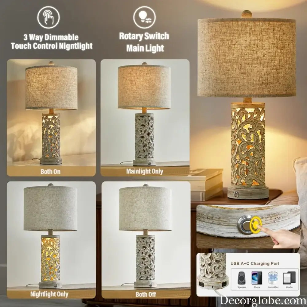 Camille 3-Way Dimmable USB A + C Touch Table Lamp Set of 2 Night Light