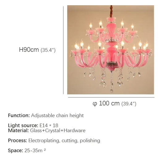 Art Candle Pink Crystal - Pendant Chandelier for Bedroom | Girls’ Room Children’s Room Living Room Restaurant 18 Lights