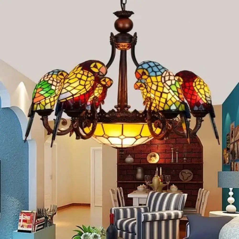 Art Deco Tiffany style Parrot Stained Glass Chandelier 6 parrot 8light B Chandelier