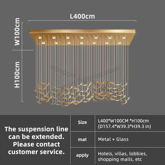 Aurelio Luxury Duplex Hotel Lobby Glass Stone LED Chandelier L400CM / warm light 3000k Chandelier