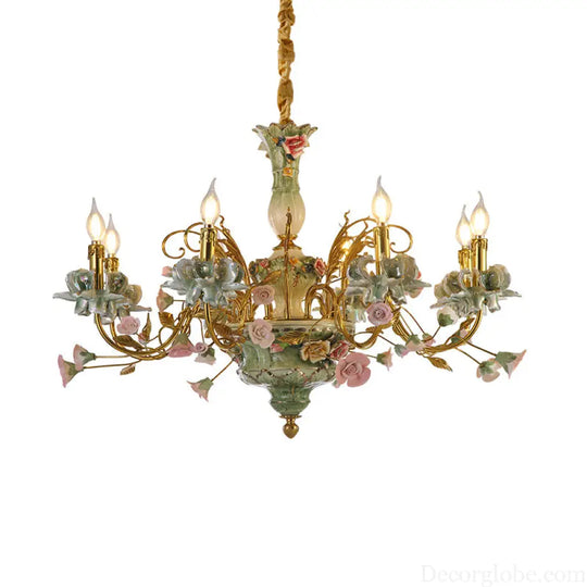 French Pastoral Crystal Ceramic Copper Chandelier