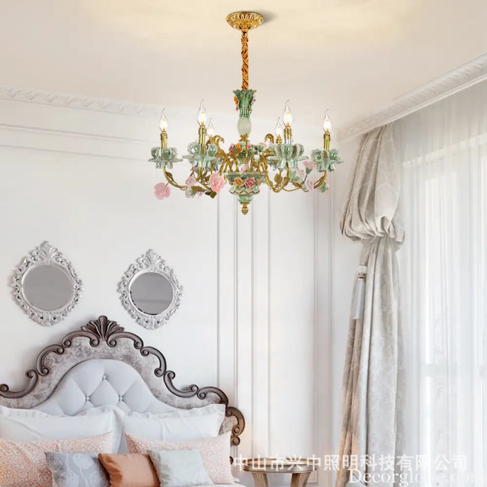 French Pastoral Crystal Ceramic Copper Chandelier