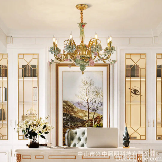 French Pastoral Crystal Ceramic Copper Chandelier