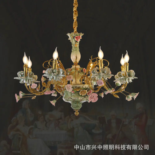 French Pastoral Crystal Ceramic Copper Chandelier