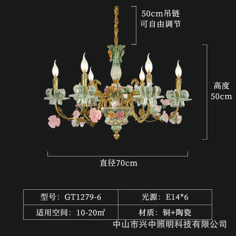 French Pastoral Crystal Ceramic Copper Chandelier 6 heads (diameter 70cm, height 50cm)