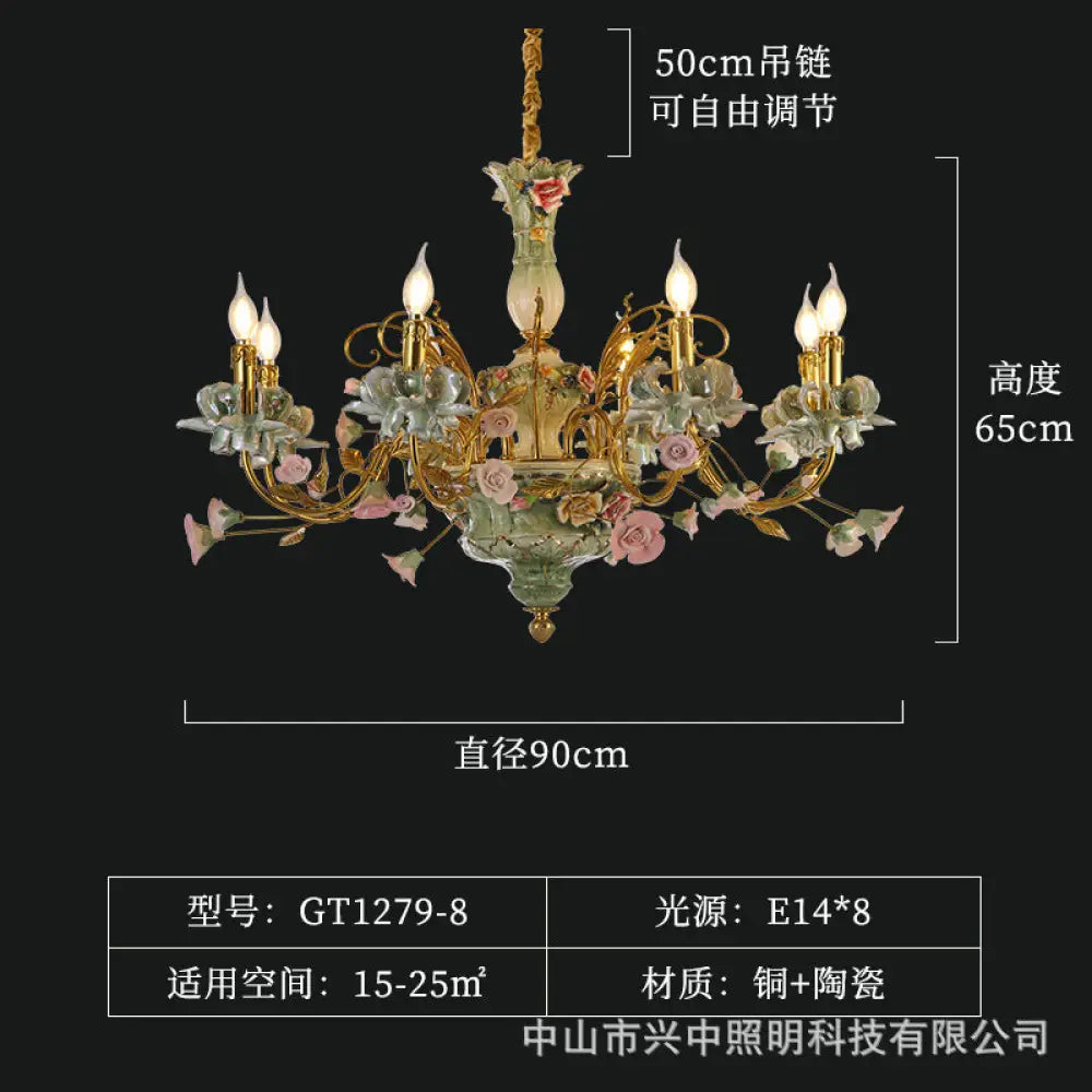 French Pastoral Crystal Ceramic Copper Chandelier 8 heads (diameter 90cm, height 65cm)