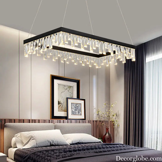 Modern Crystal Block LED Black Chandelier Lighting - Rectangle Hanging Light in 16’’/23.5’’ Width