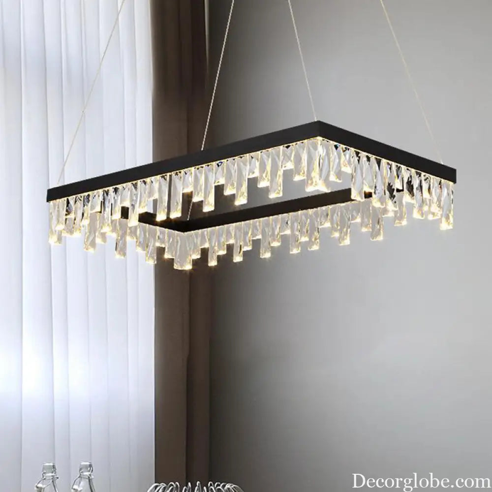 Modern Crystal Block LED Black Chandelier Lighting - Rectangle Hanging Light in 16’’/23.5’’ Width