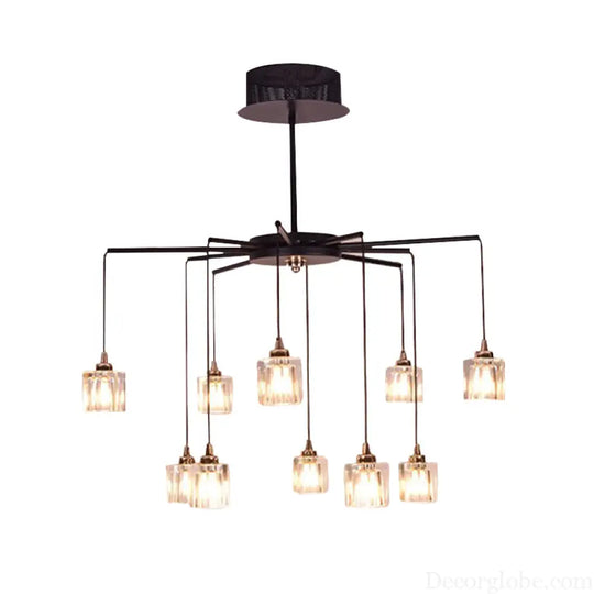 Modernist Radial Ceiling Chandelier - 10 Lights with Black Finish Metal Pendant and Clear Crystal Cube Shade Black