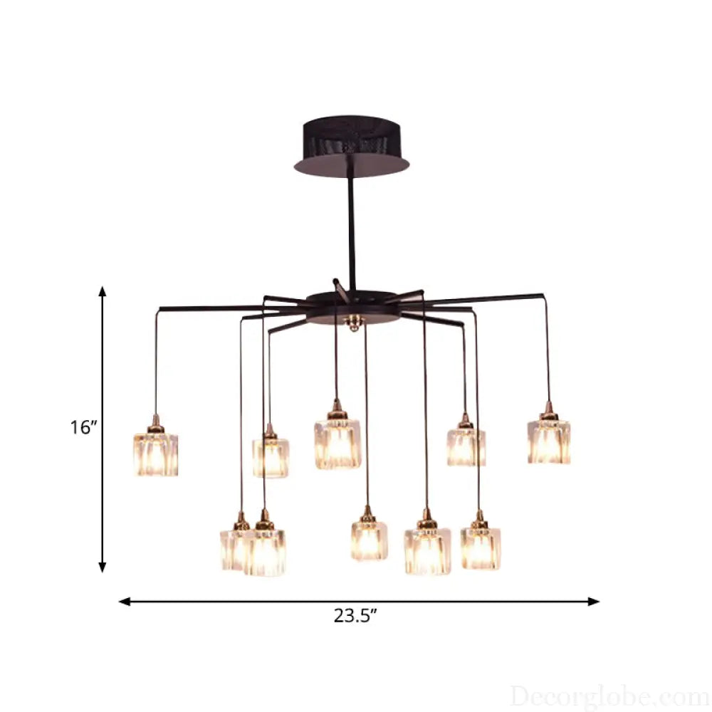 Modernist Radial Ceiling Chandelier - 10 Lights with Black Finish Metal Pendant and Clear Crystal Cube Shade Black