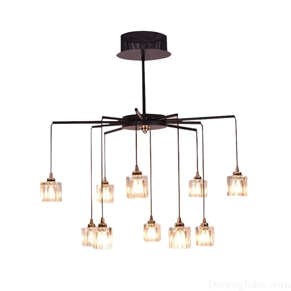 Modernist Radial Ceiling Chandelier - 10 Lights with Black Finish Metal Pendant and Clear Crystal Cube Shade Black