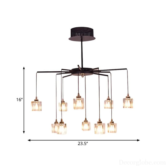 Modernist Radial Ceiling Chandelier - 10 Lights with Black Finish Metal Pendant and Clear Crystal Cube Shade Black