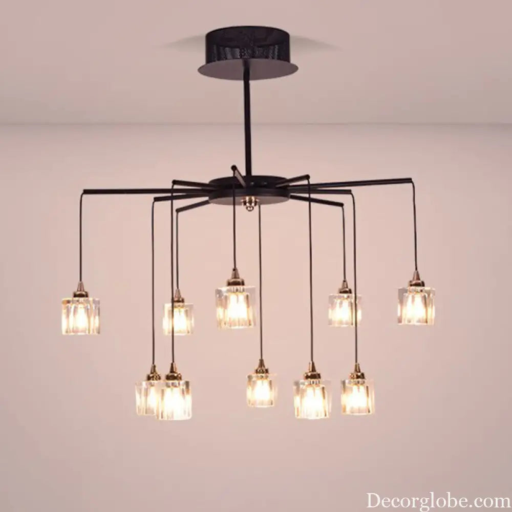 Modernist Radial Ceiling Chandelier - 10 Lights with Black Finish Metal Pendant and Clear Crystal Cube Shade Black
