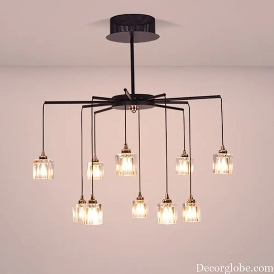 Modernist Radial Ceiling Chandelier - 10 Lights with Black Finish Metal Pendant and Clear Crystal Cube Shade Black