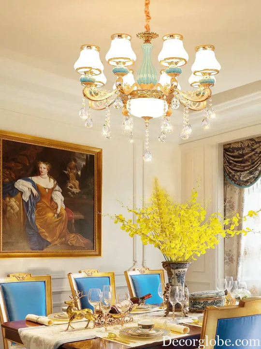 Elegant Blue Ceramic European Crystal Chandelier - Perfect for Living Rooms, Dining Rooms, and Bedrooms - DecorGlobe