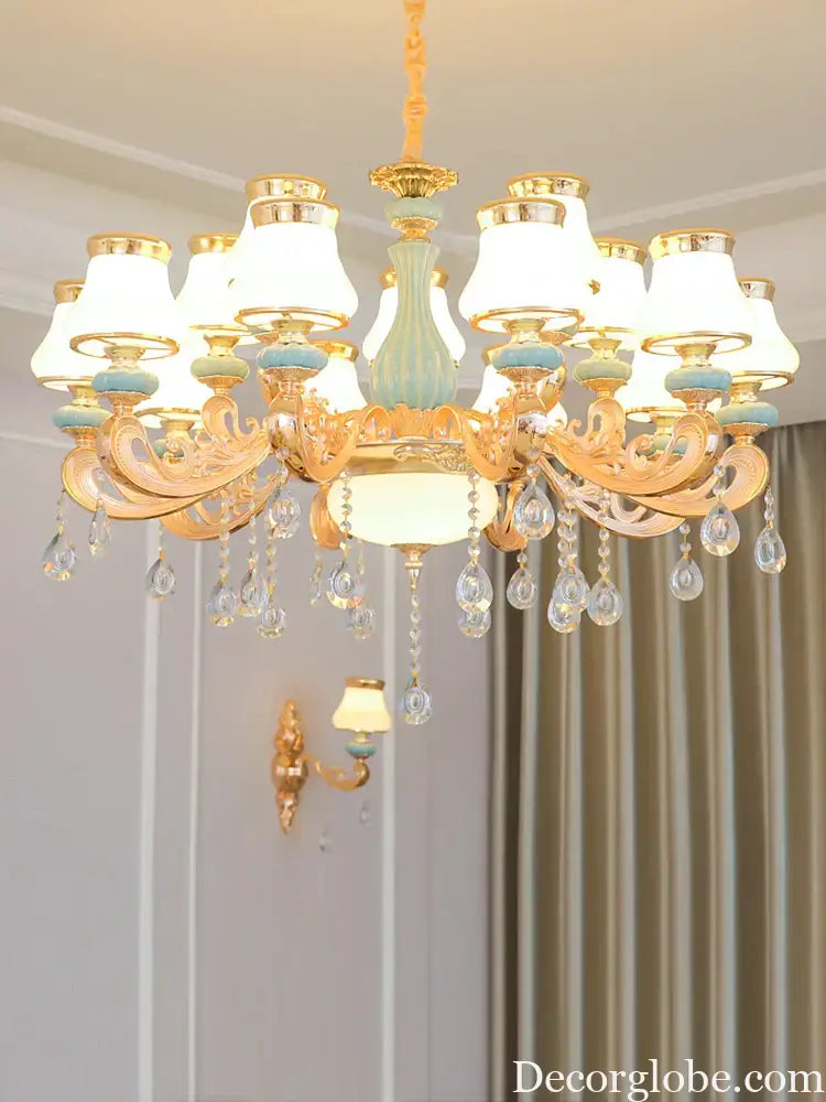Elegant Blue Ceramic European Crystal Chandelier - Perfect for Living Rooms, Dining Rooms, and Bedrooms - DecorGlobe