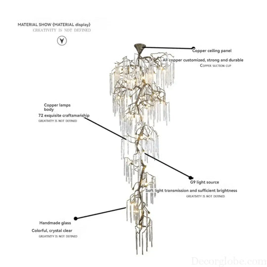 Brass Branch Crystal Pendant Chandelier for Staircase Lighting Chandelier