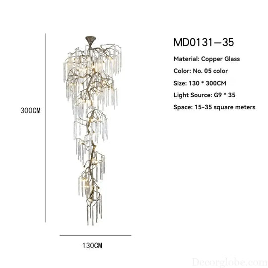 Brass Branch Crystal Pendant Chandelier for Staircase Lighting Chandelier