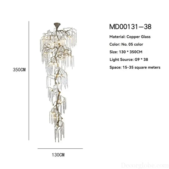 Brass Branch Crystal Pendant Chandelier for Staircase Lighting Chandelier