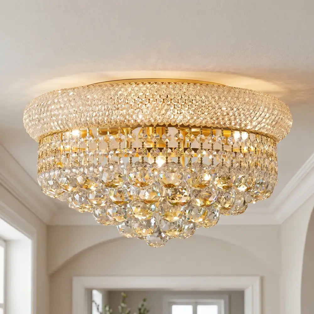 Modern Gold Crystal Chandelier & Ceiling Light,Empire Style Dimmable Flush Mount Crystal Fixture for