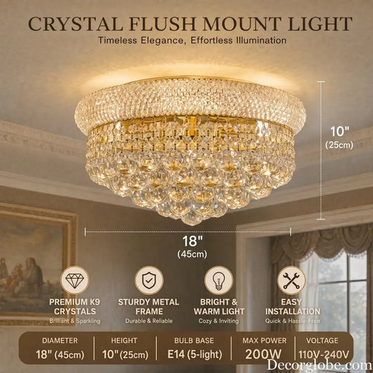 Modern Gold Crystal Chandelier &amp; Ceiling Light,Empire Style Dimmable Flush Mount Crystal Fixture for