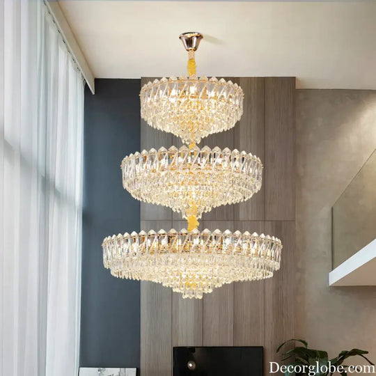 Camille French Luxury Long Crystal Chandelier Gold LED Grand Lobby Light Chandelier