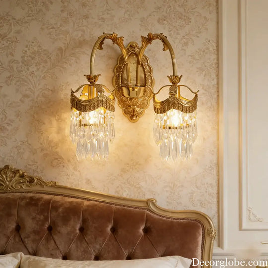French Retro K9 Crystal Crown Wall Lamp Luxury Bedroom Bedside Living Room Classical American Style Light