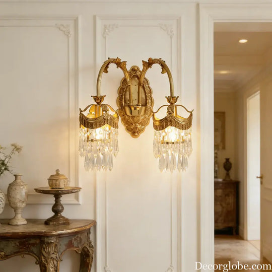 French Retro K9 Crystal Crown Wall Lamp Luxury Bedroom Bedside Living Room Classical American Style Light