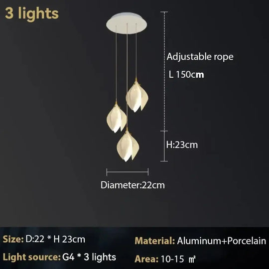 Ceramic Magnolia Chandelier for Staircase and Bedroom Lighting 3 lights / Warm White (3000K) Chandelier