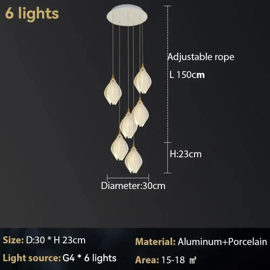 Ceramic Magnolia Chandelier for Staircase and Bedroom Lighting 6 lights / Cold White (6000K) Chandelier