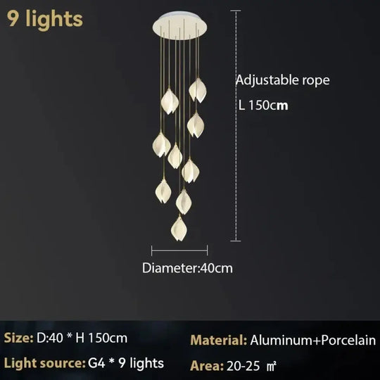 Ceramic Magnolia Chandelier for Staircase and Bedroom Lighting 9 lights / Warm White (3000K) Chandelier