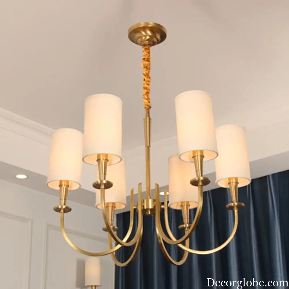 Classic White Cylindrical Pendant Chandelier - 6 Lights Fabric Shade - Perfect for Living Room Lighting White