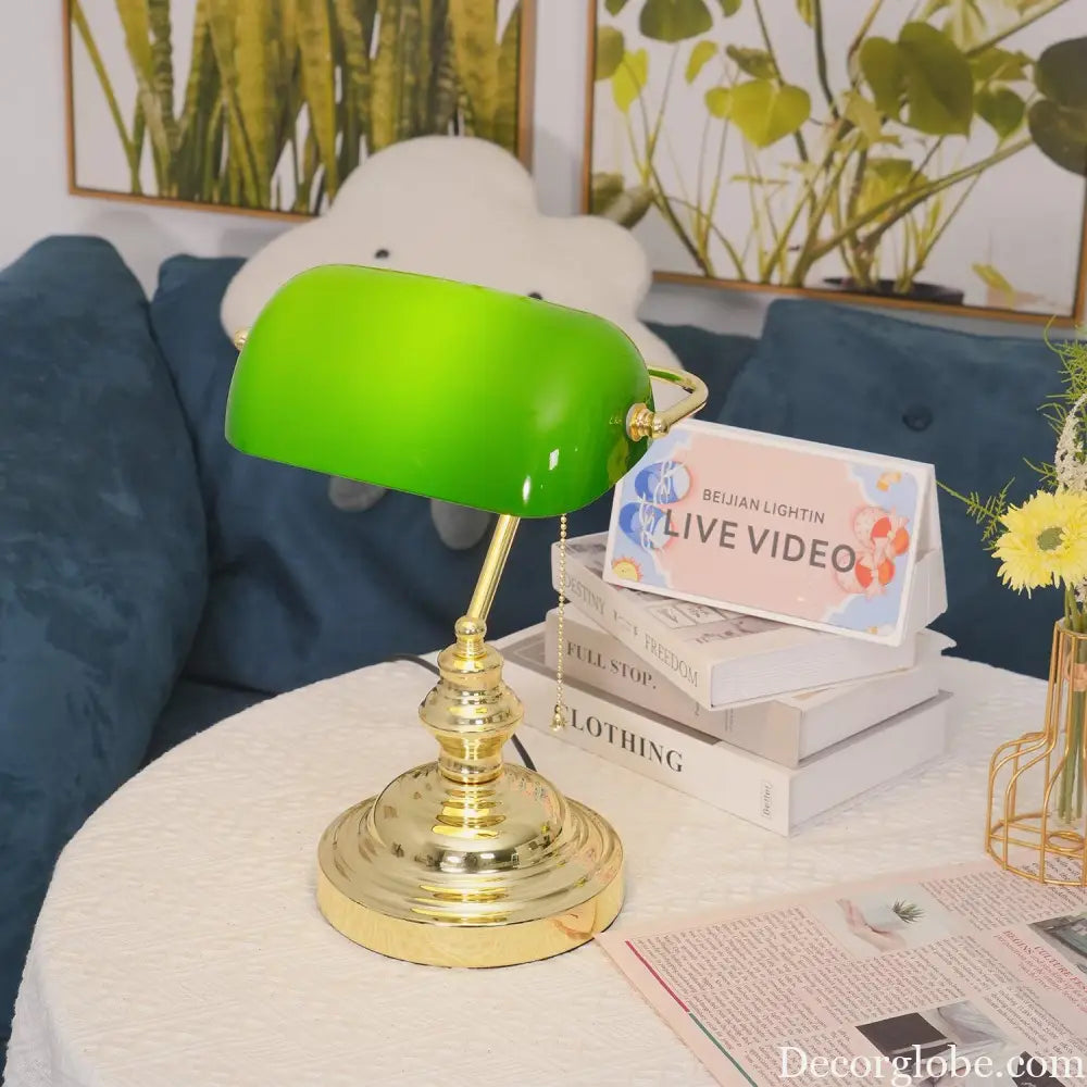 Colette Vintage Bankers Table Lamp with Green Glass Shade - Table Lamp