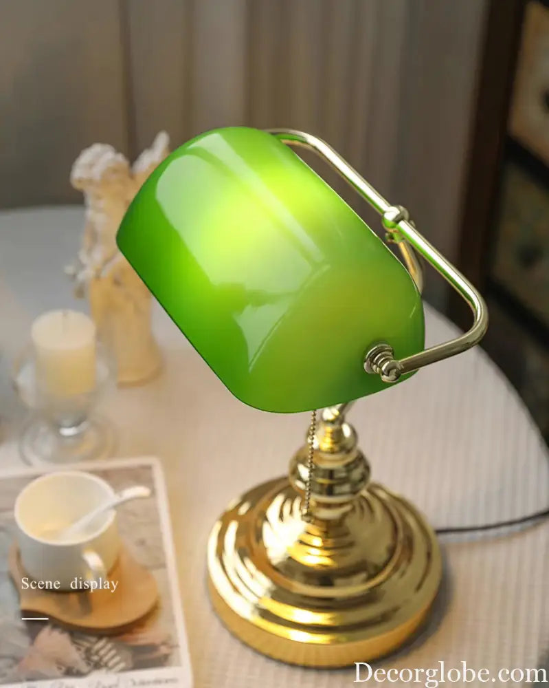 Colette Vintage Bankers Table Lamp with Green Glass Shade - Table Lamp