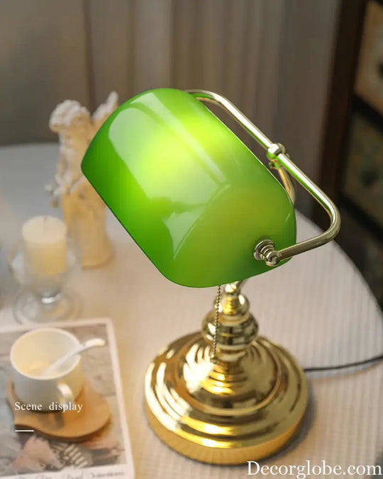 Colette Vintage Bankers Table Lamp with Green Glass Shade - Table Lamp