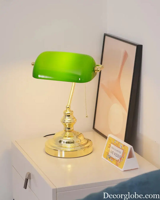 Colette Vintage Bankers Table Lamp with Green Glass Shade - Table Lamp