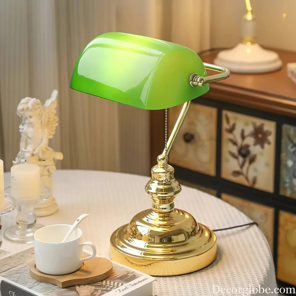 Colette Vintage Bankers Table Lamp with Green Glass Shade - Table Lamp