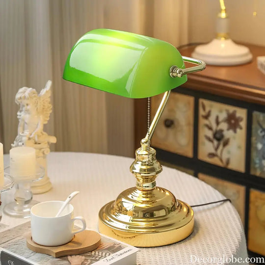 Colette Vintage Bankers Table Lamp with Green Glass Shade - Table Lamp