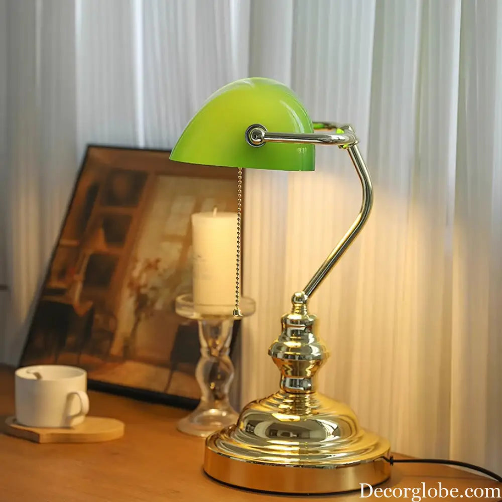 Colette Vintage Bankers Table Lamp with Green Glass Shade - Table Lamp