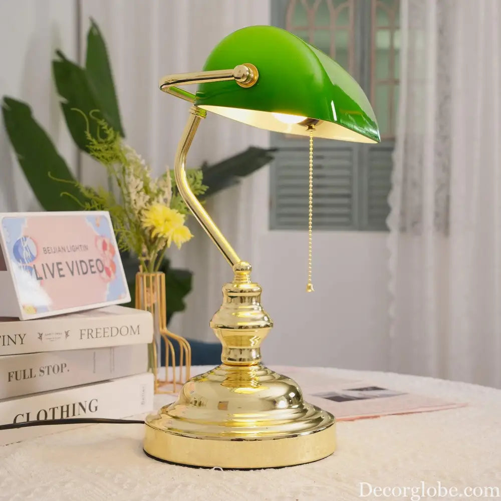 Colette Vintage Bankers Table Lamp with Green Glass Shade - Table Lamp