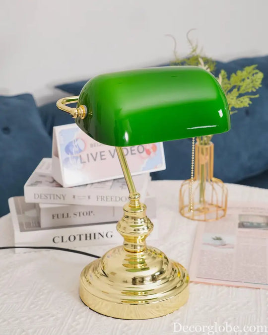 Colette Vintage Bankers Table Lamp with Green Glass Shade - Table Lamp